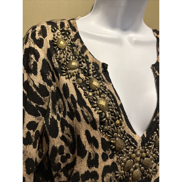 inc international concepts Women’s Long Top Plunge V Neck Leopard Beaded LS M - Picture 2 of 9